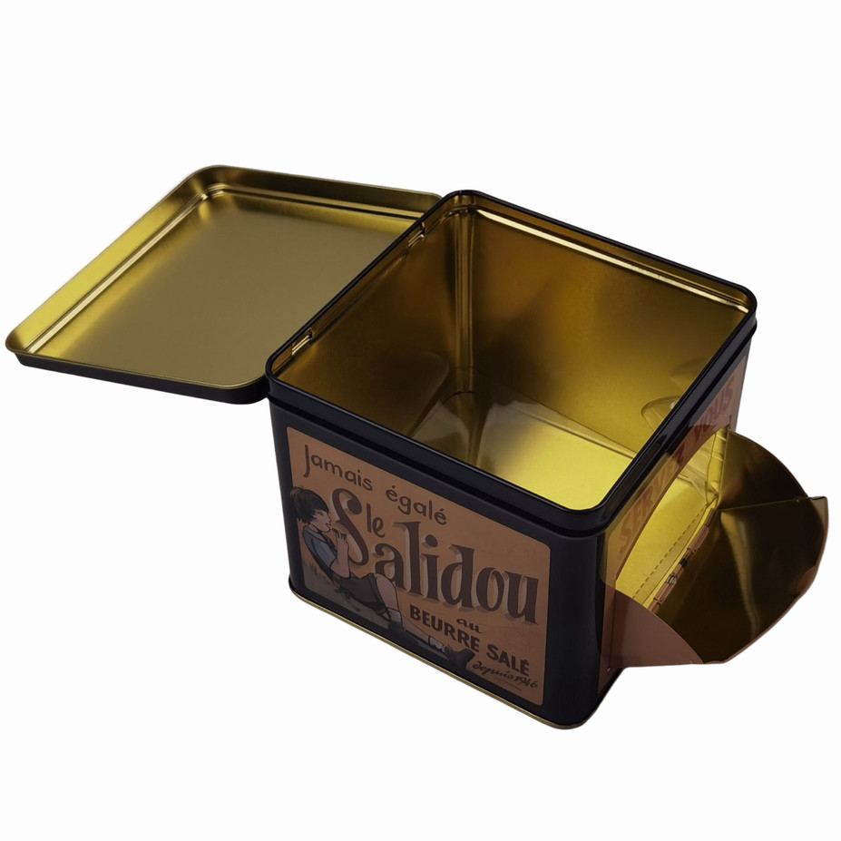 Customized Square Caramel Candy Tin Can Hinged Lid Tin Box With Dispenser Opening