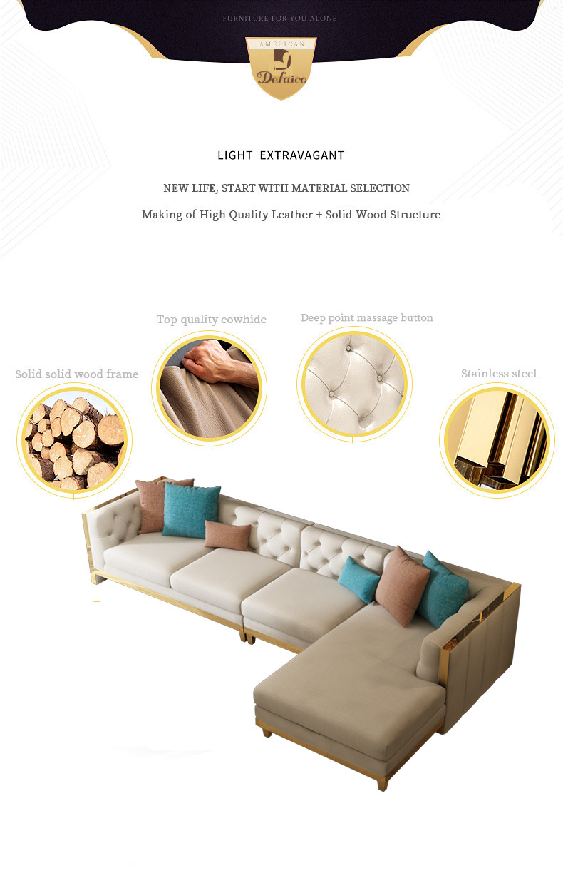 Beige Tufted Chesterfield Sofa Genuine Leather Sofa Set With Brass Base