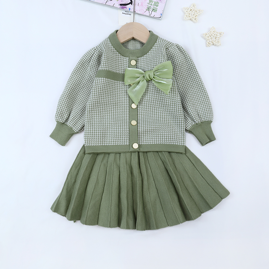 New Style Kids Children Winter Clothing Set Knitting Cardigan Skirt Baby Girl Winter False Cardigan Sweater With Bow