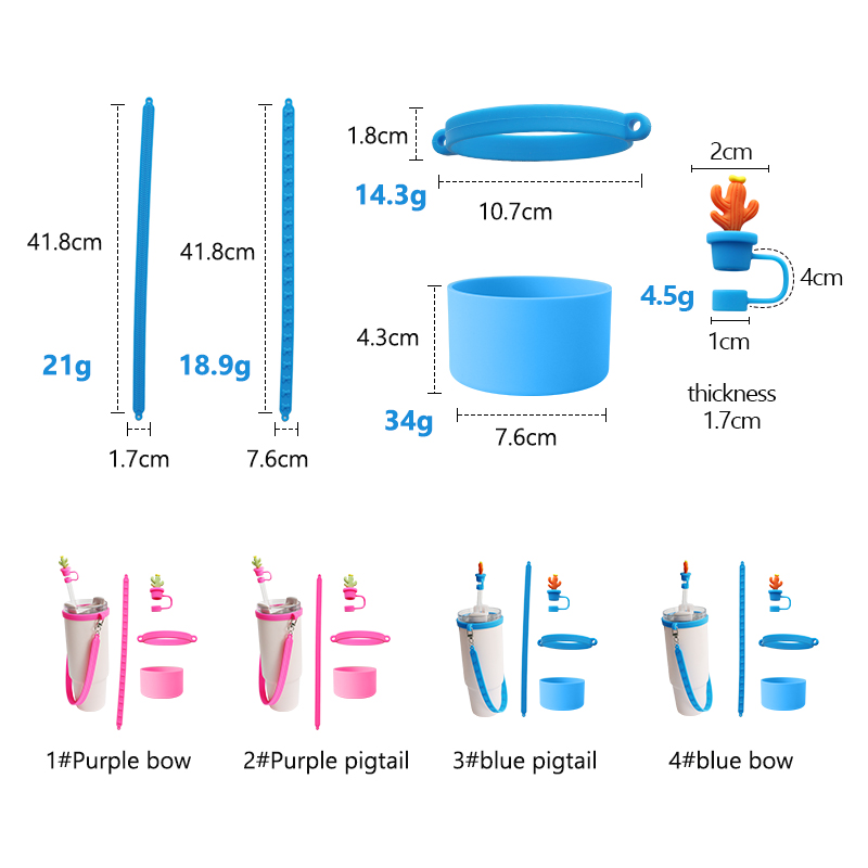 Custom Silicone Bottle Accessories for Bottle Mug Tumblers Gift of 4 Silicone Straw Toppers and Silicone Strap