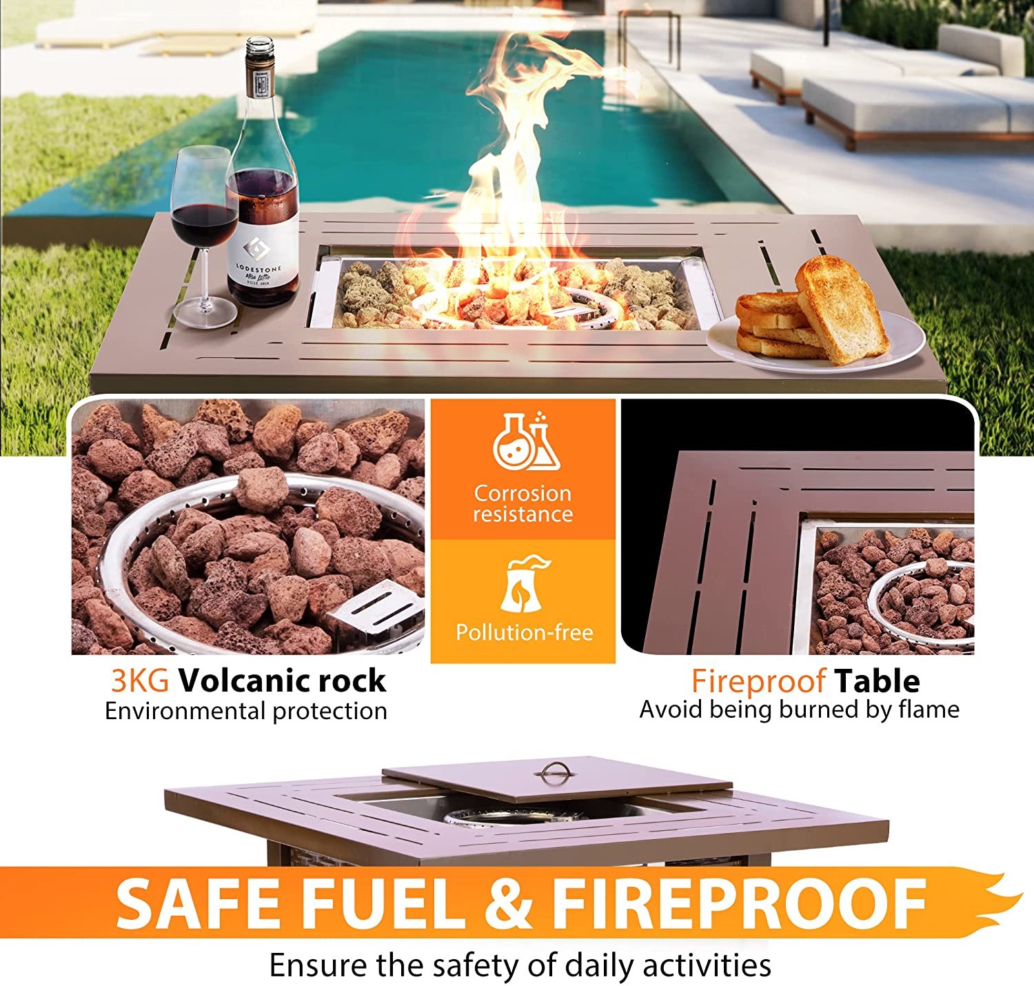 28 Inch 50,000 BTU Small Portable Propane Fire Pit With Lava Stone Wicker Look