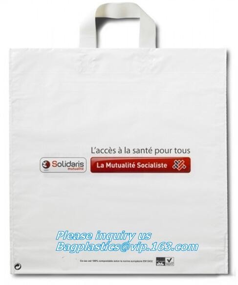 Custom design plant based compostable biodegradable HDPE soft loop handle plastic shopping bag, flexi soft loop handle p