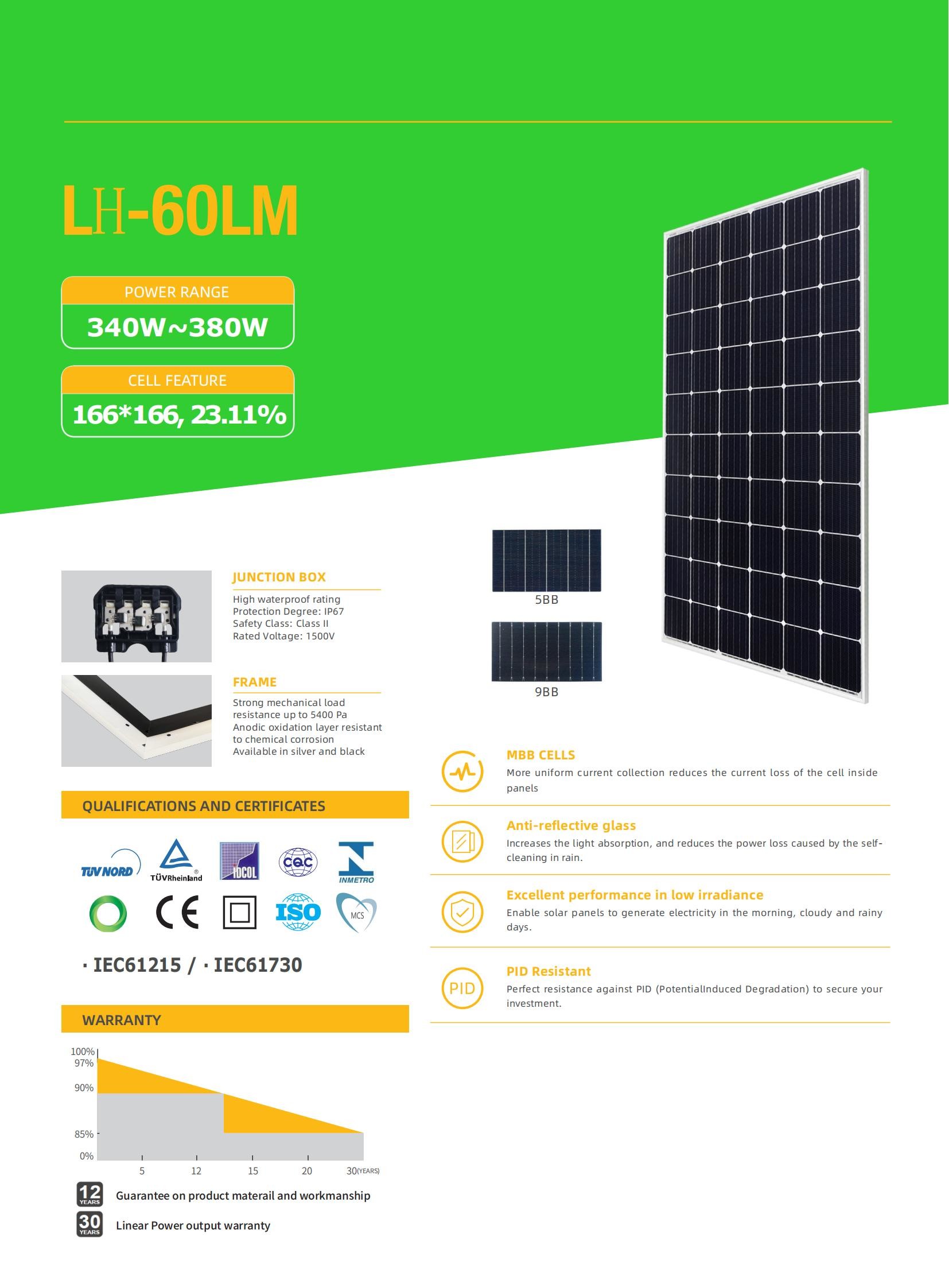 Waterproof 380W Monocrystalline Solar Panel 72 Cells