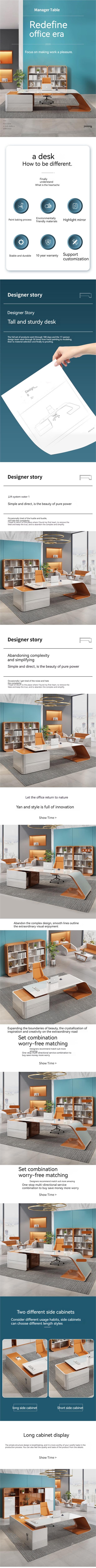 Office Furniture Luxury Design Glossy Executive Desk with L Shape and Long Size Cabinet