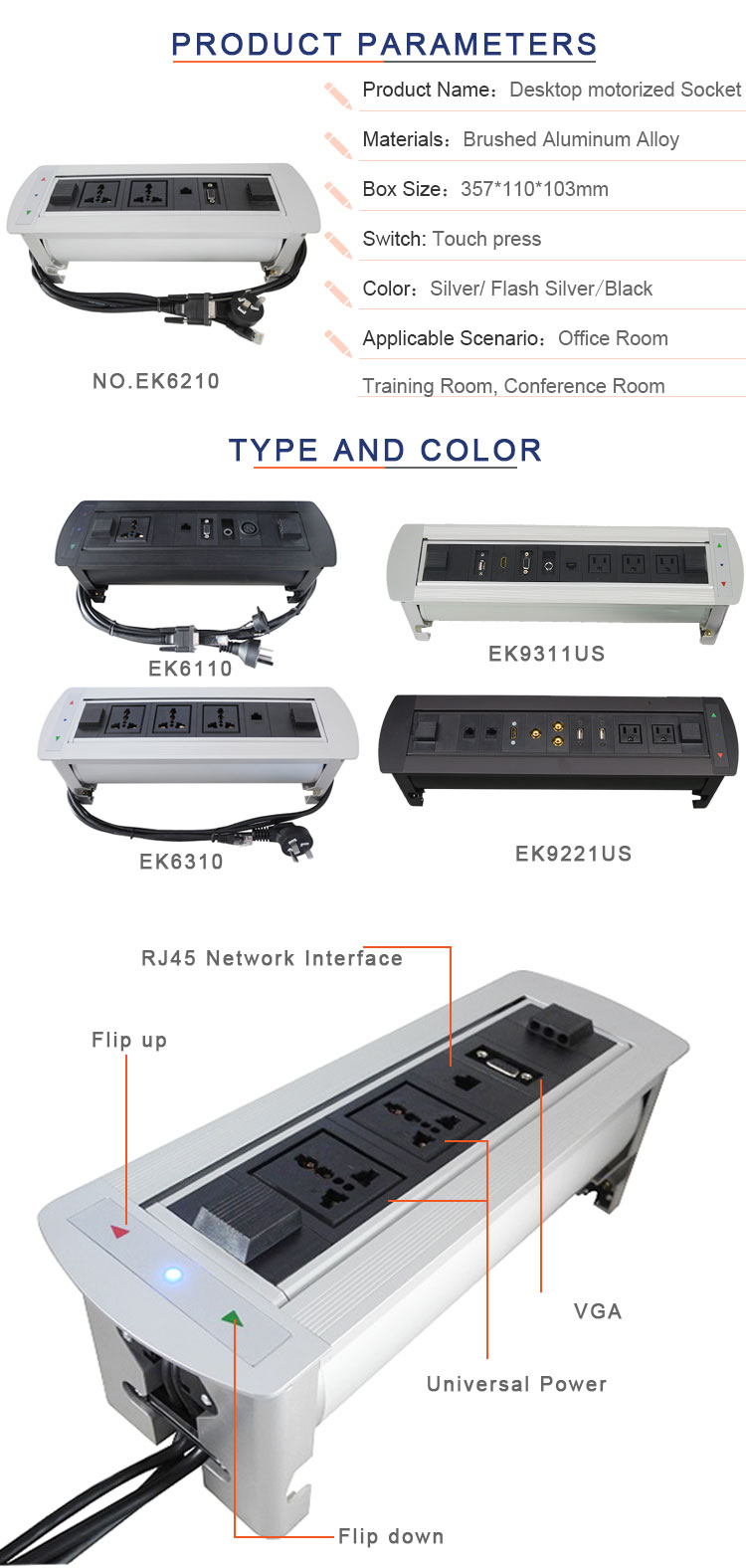 Sliver color smart furniture hidden desktop power socket box