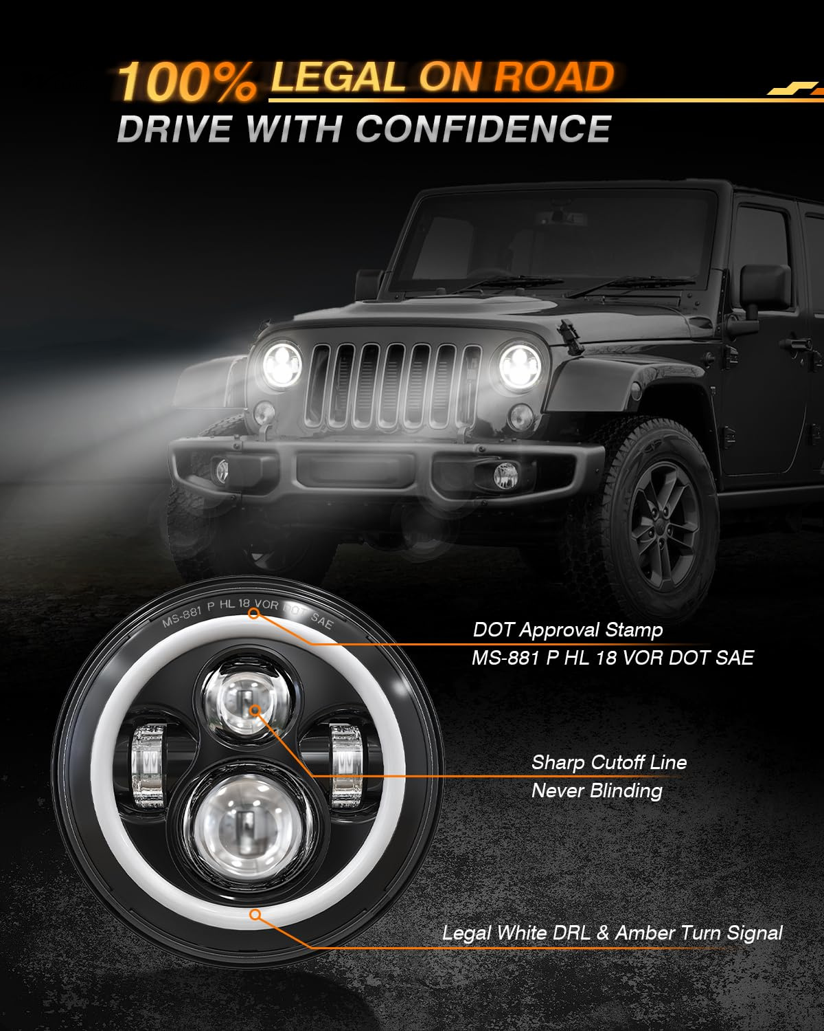 7 Inch LED Headlights with Turn Signal Amber White DRL and Black Halo Performance