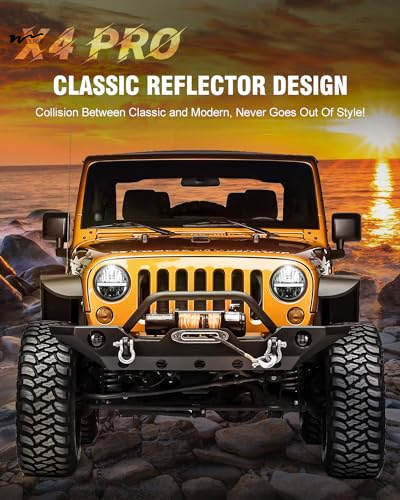 Black 7 inch LED Headlight Round Reflector with Amber Turn Signal and White Hi/lo Beam
