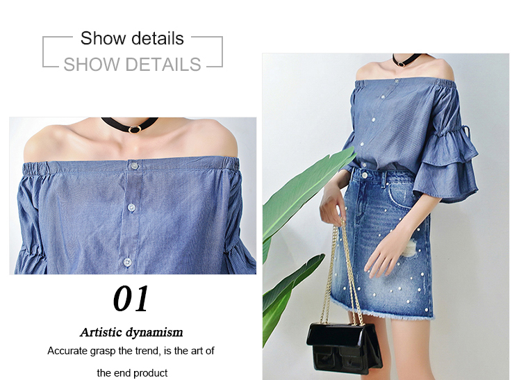 Spring Women Dark Blue Denim Blouses And Tops Off Shoulder Bat Wing Long Sleeve