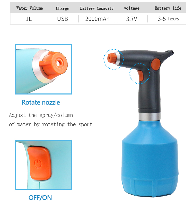 Plastic Bottle Electric Sprayer 1L Custom Small Home Use Garden Handheld USB Electric Device Water Mist Sprayer