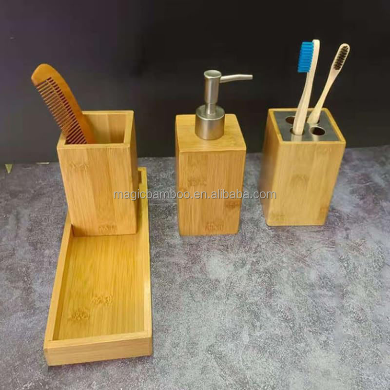 100% Natural Bamboo Sustainable Toothbrush Holder Cup Soap Dispenser Bath Set