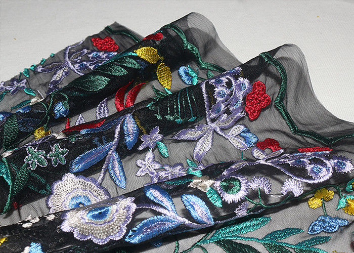 Fancy Multi Colored Floral Embroidered Lace Fabric 120 CM Polyester