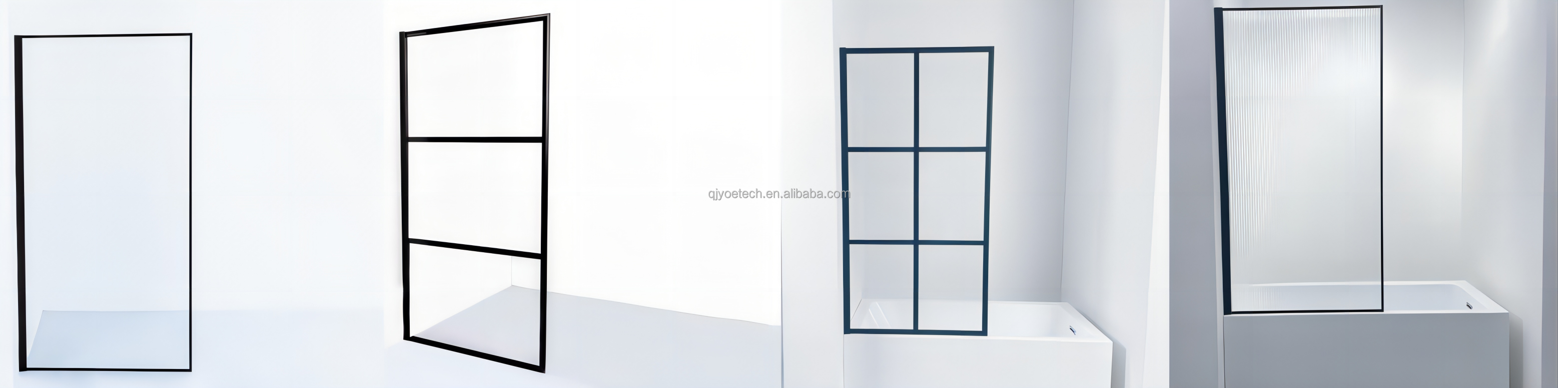 Flat Tempered Glass French Door Fixed Shower Screen with Elegant Design and Black Grids