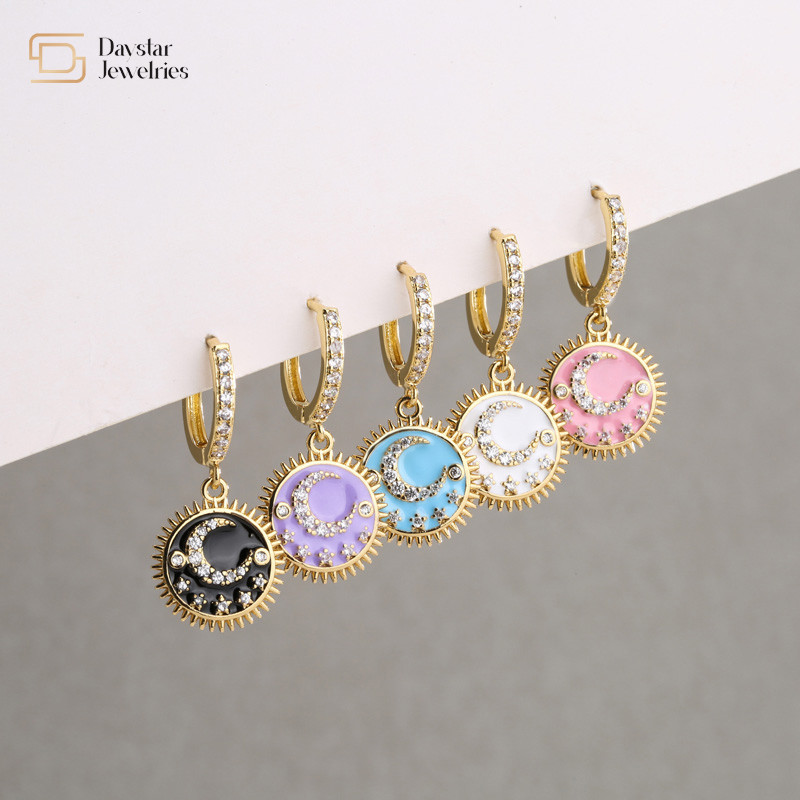 Moon And Star 24k Gold Plated Jewelry Round Dangle Drop Earrings