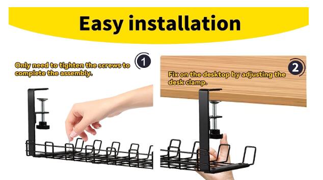 Sturdy Carbon Steel Wire Organizer Tray for No Drilling Under Desk Cable Management