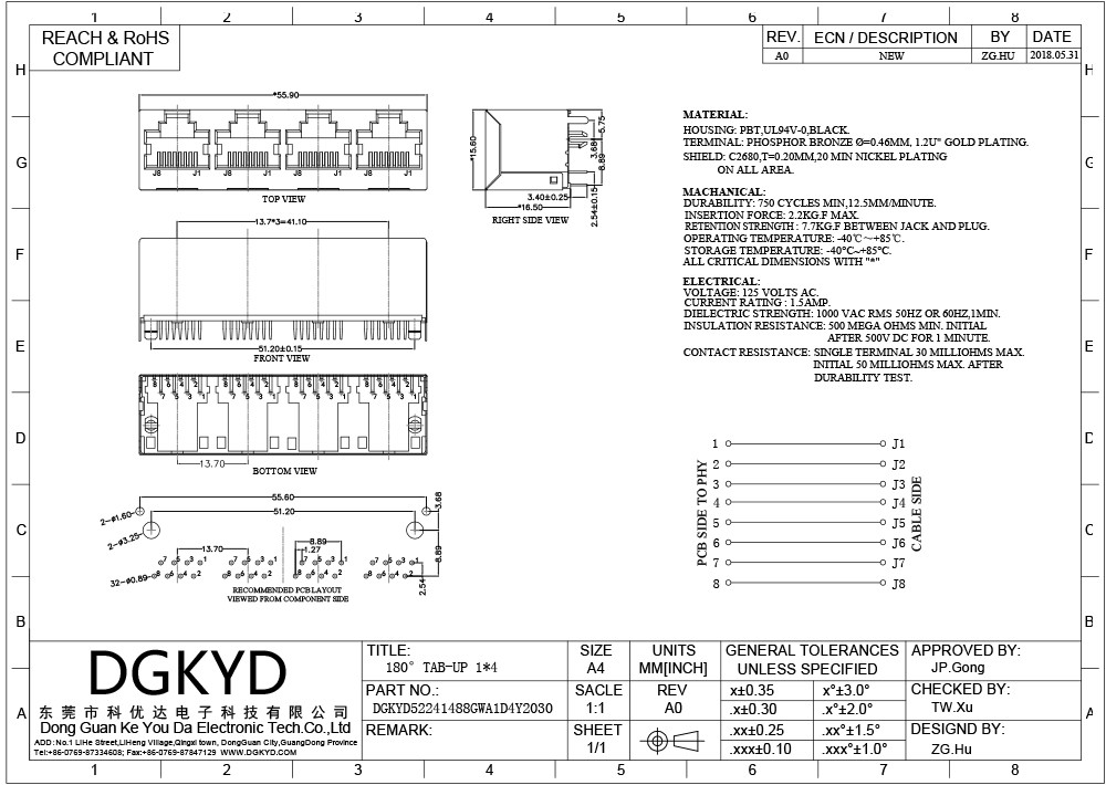 UL 94V-0 1X4 RJ45 Modular Connector 180 Degree Without Filter
