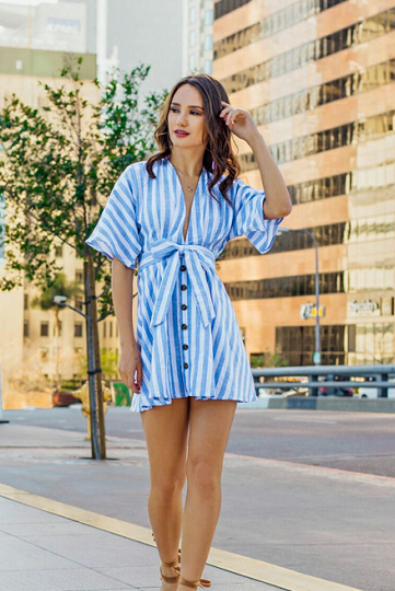 Women Sweet V Neck Tied Open Back Striped Dress With Tassel