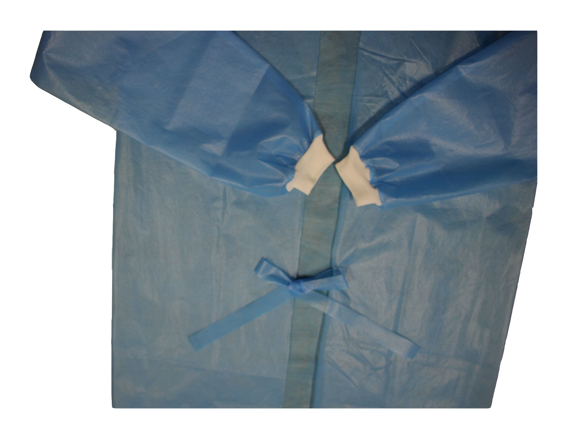 Blue PP+PE 45GSM AAMI Level 2 Disposable Isolation Gown Back Opening With Rib-knitted Cuffs&Ties&Polyester Thread