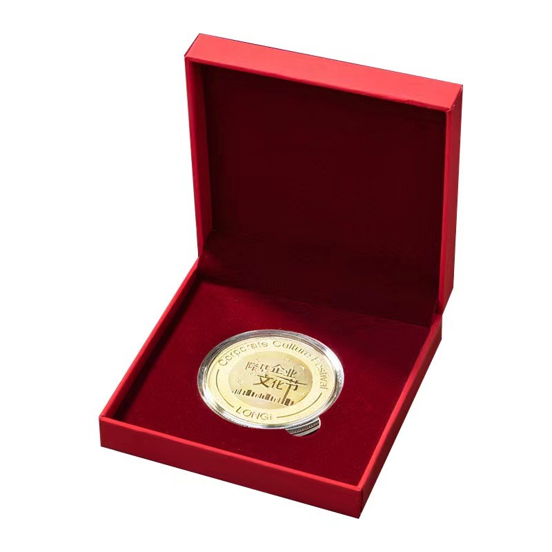 Red Velvet Gold Hot Stamp Logo Rigid Packaging Box Luxury Gold Coin Collection Elegantly Designed