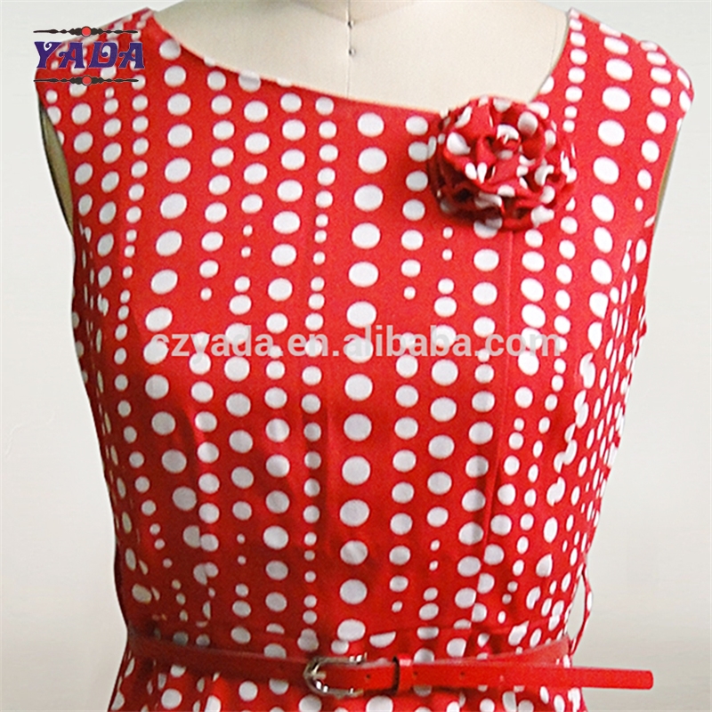 Ladies fashion print elegant tight waist dress women lady with handmade flower