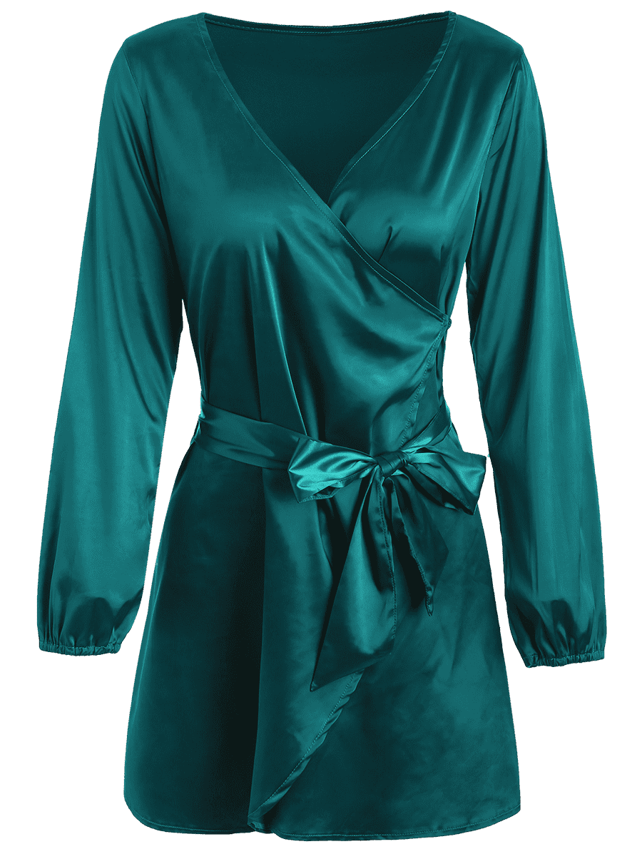 2018 Fashion Fall Clothing Women Satin Wrap Dress Long Sleeve Mini