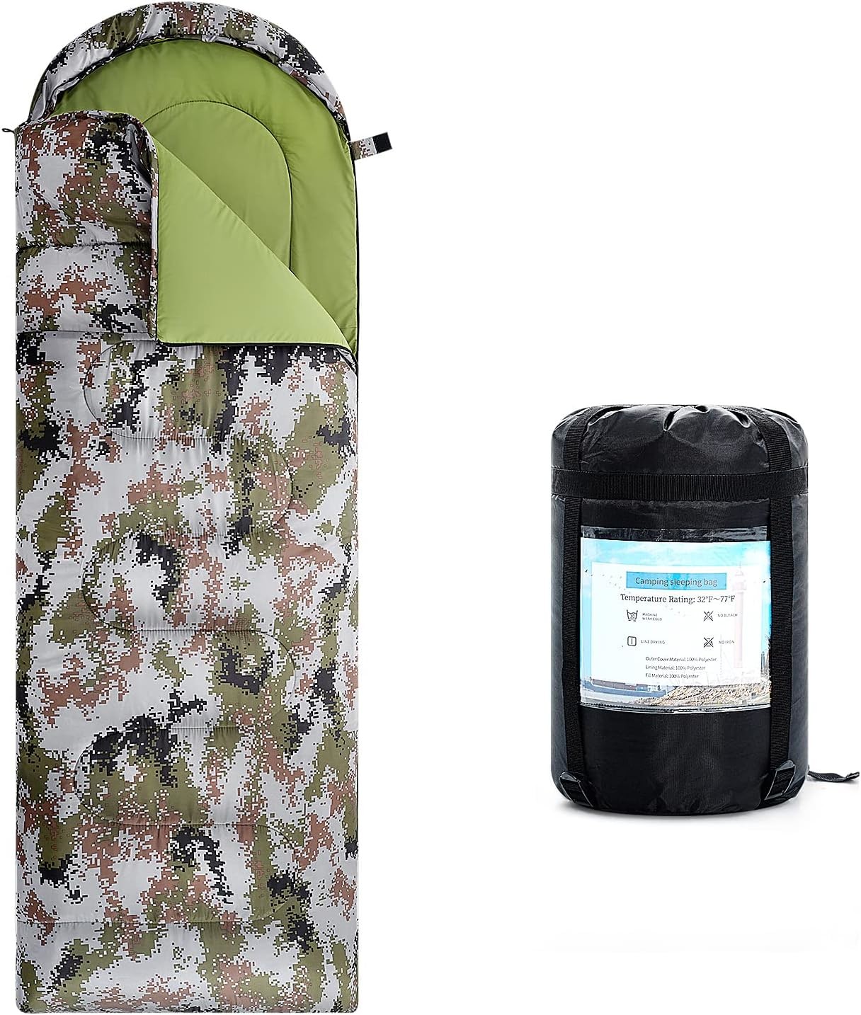 Camouflage Camping Sleeping Bag, Adults & Kids Seasons Warm Cold Weather Hiking Camping Indoor Outdoor Use