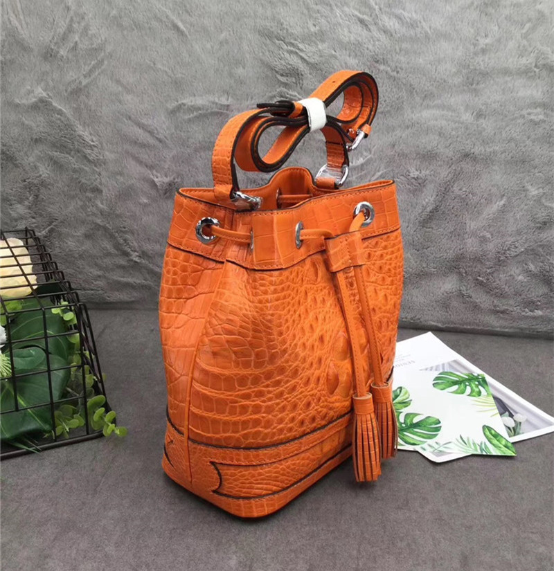 Authentic Crocodile Skin Drawstring Closure Women's Bucket Purse Exotic Alligator Leather Lady Small Tassel Shoulder Bag