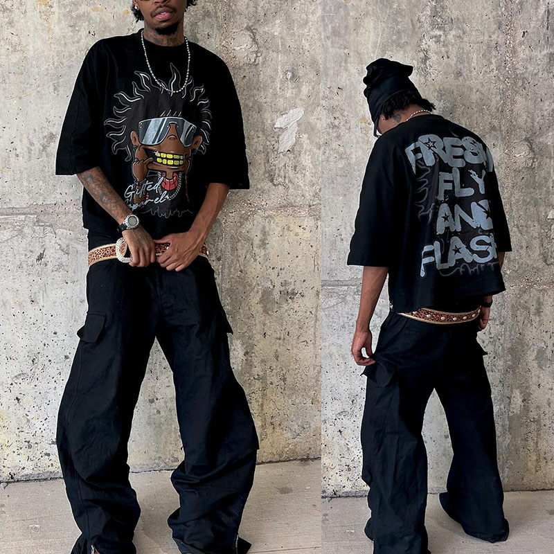 Custom Ripped Screen Print Logo Boxy Cropped Half Sleeve Tee Baggy Tshirt Retro Streetwear Tshirt Oversized T-Shirt for Men