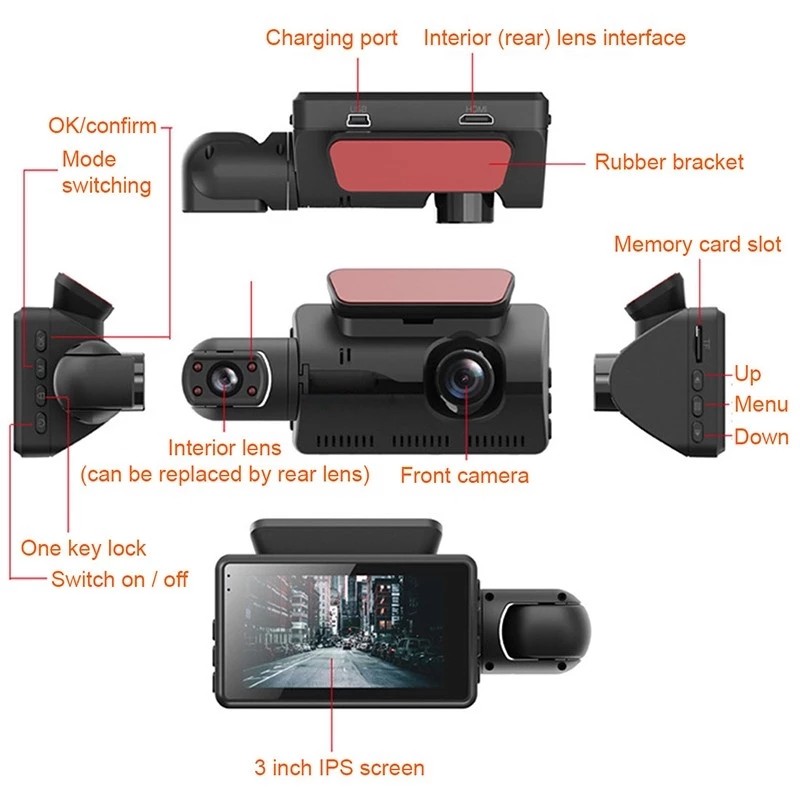 Car Rearview Blackbox DVR Dash Cam Digital Car Camcorder Dashboard 3Lens 1080p