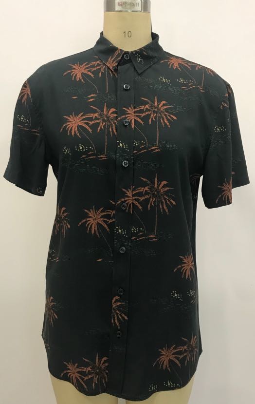 100% Viscose Summer Casual Leaf Print Short Sleeve Shirt Beach Style