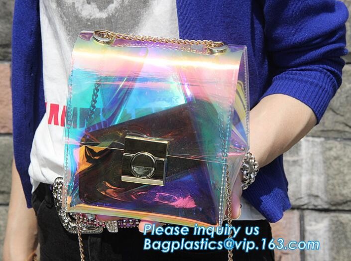 shoulder clear pvc chain hand bag for purses handbags, Metallic Transparent PVC Beach Handbags Shoulder Bags, Chain Cros
