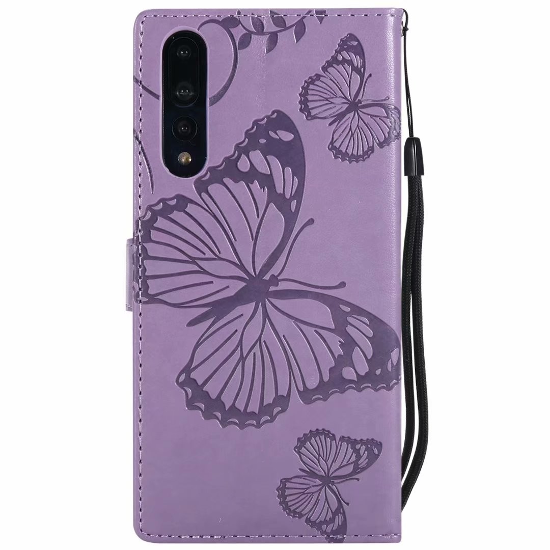 Huawei P20 Pro Embossing 3D Butterfly Leather Bracket Stand Wallet Case with wristlet strap