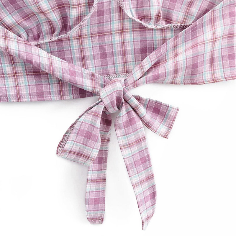 Deep V Neckline Purple white black Plaid Crop Vest womens cotton sleeveless tops