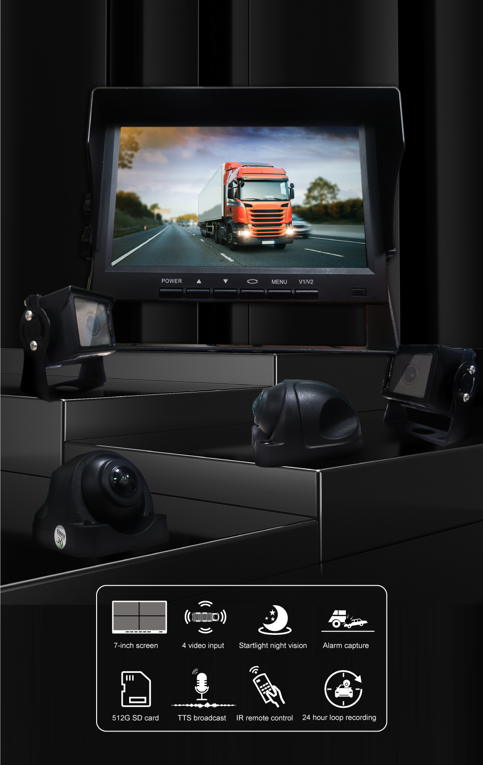 Max 512GB Storage 7 Inch TFT LCD Car Monitor With 4 Camera Backup System