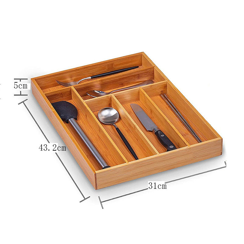Adjustable Cutlery Storage Tray Bamboo Kitchen Utensil Drawer Organizer Divider