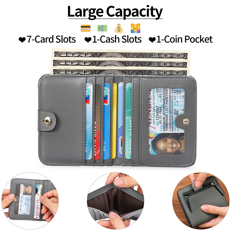 Small Women's RFID Blocking Bifold Wallet with ID Window Genuine Leather Mini Pocket Purse