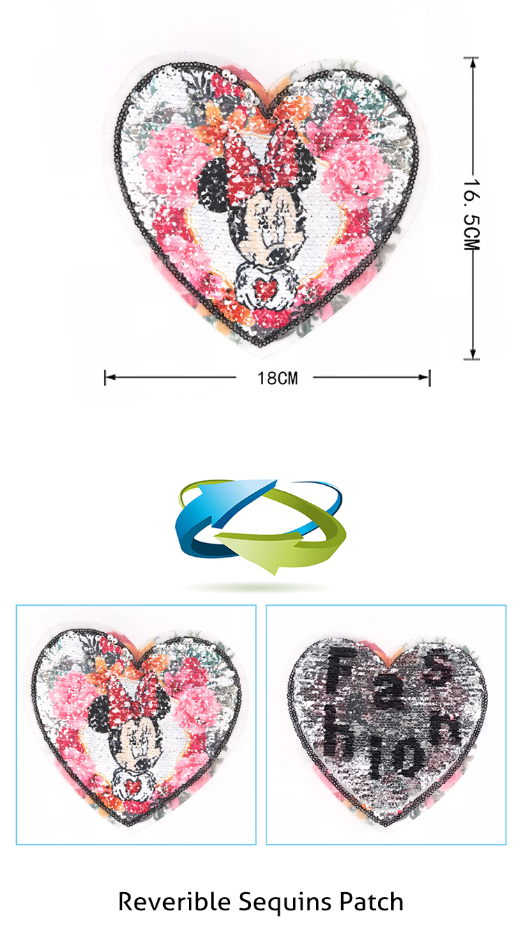 Heart Shape Reverse Sequin Patch / Minnie Mouse Sew On Patch OEM Design