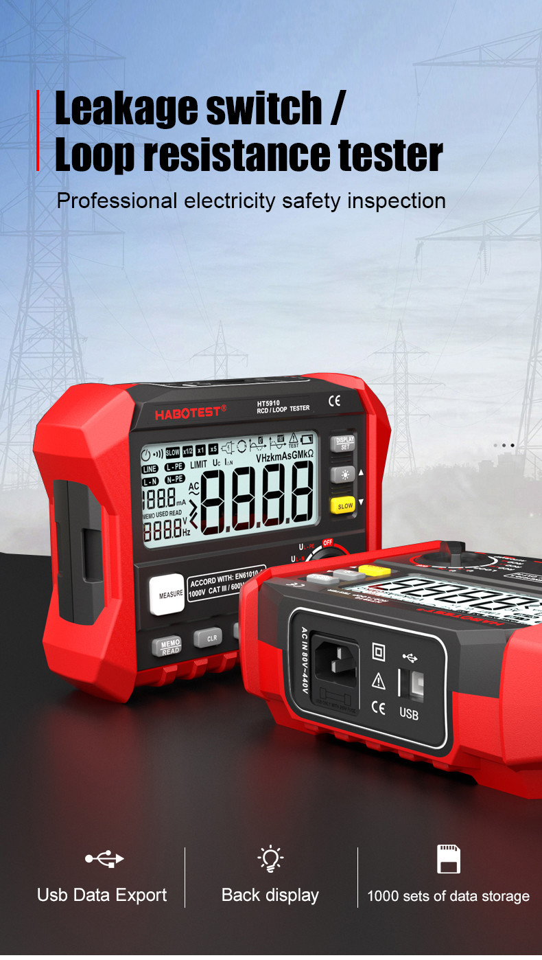 HT5910 Leakage Switch Tester LCD Digital Resistance Meter RCD/Loop Tester 1000 Data Storage Voltmeter Megohmmeter