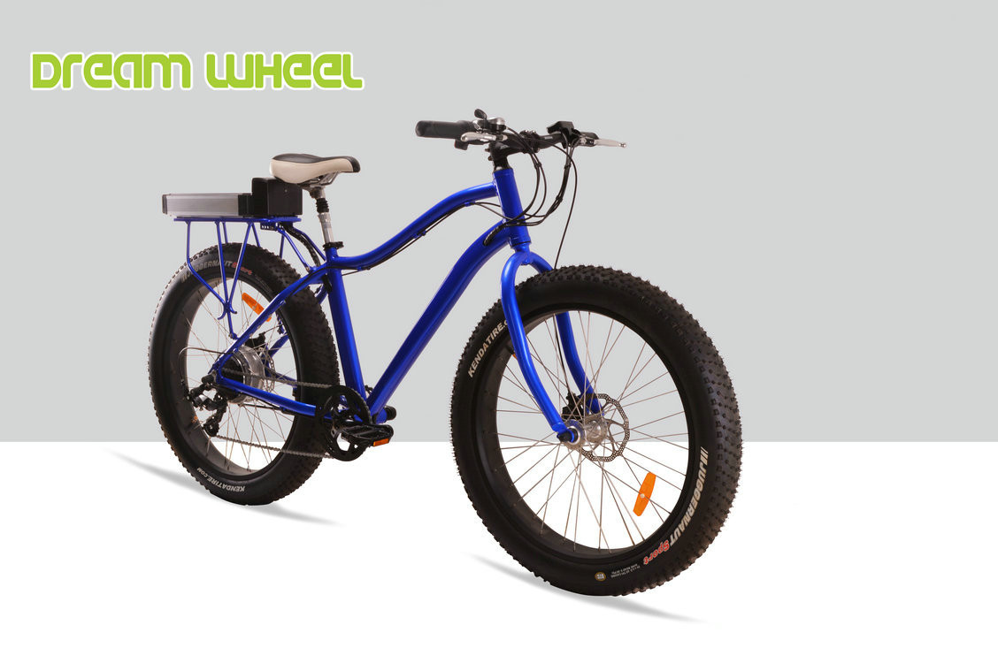 Blue Electric Fat Tire Beach Cruiser Bikes Shimano 6 Speed Snow Road