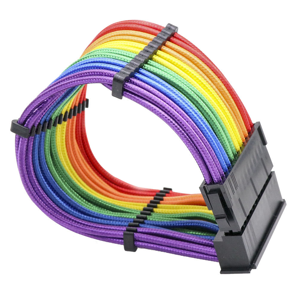 24pin 90 Degree Sleeved Braided ATX Computer Extension Kable Female to Male Extension Cable 18AWG Power Supply Cables Rainbow