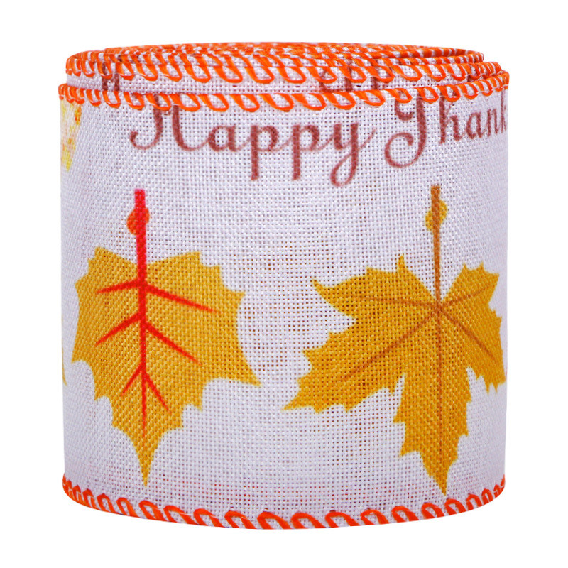 Thanks Giving Day Printed Burlap Ribbon 63mm Personalized Cotton Ribbon