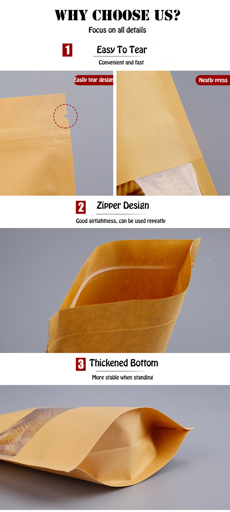 Heat Sealing BOPP Brown Kraft Paper Food Pouches Zipper Lock With Valve