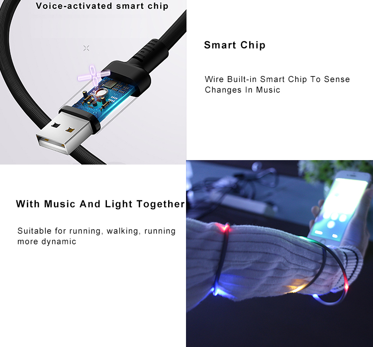 Voice Control Colorful LED Light Up Micro USB Data Cable For Phone Power Data Charger