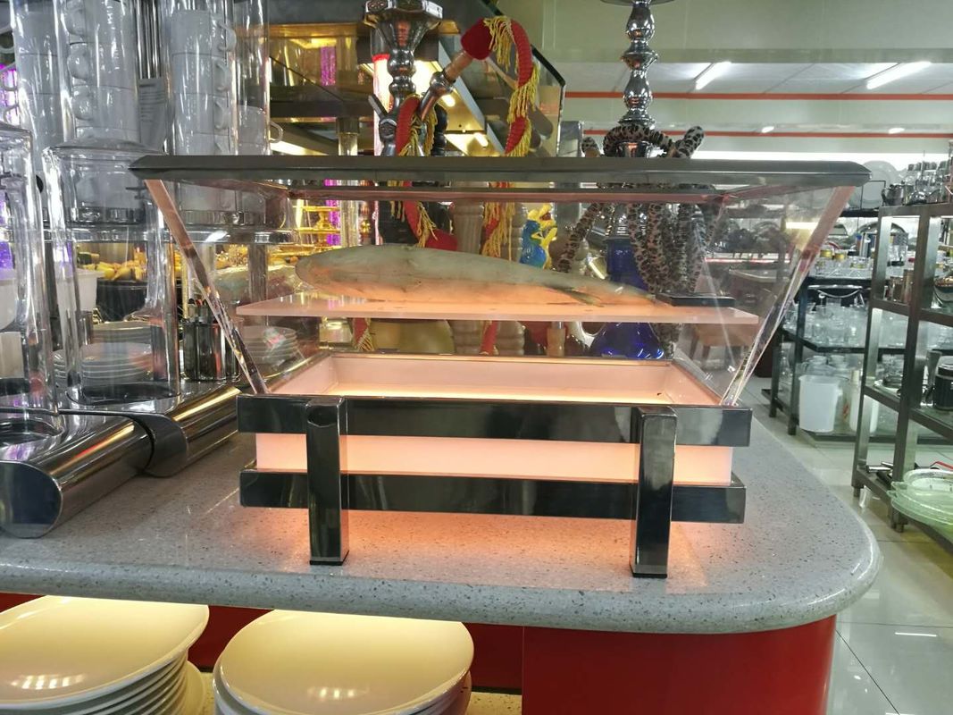 RGB LED Ice Tray with Draining Plate, Transparent Acrylic Seafood Salmon Buffet Display Station