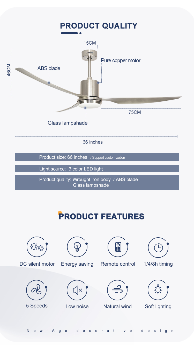 Modern Design 3 Blades 5 Speeds and Remote Control Ceiling Fan with LED Light by 1stshine