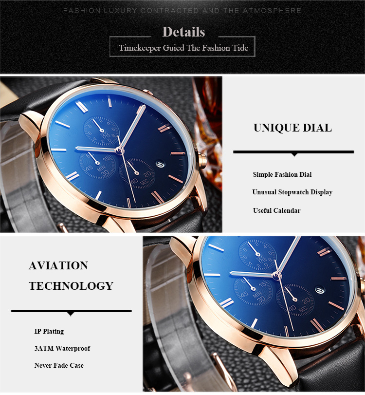 Fitness Stainless Steel Leather Watch Five Hands Water Proof 3 ATM