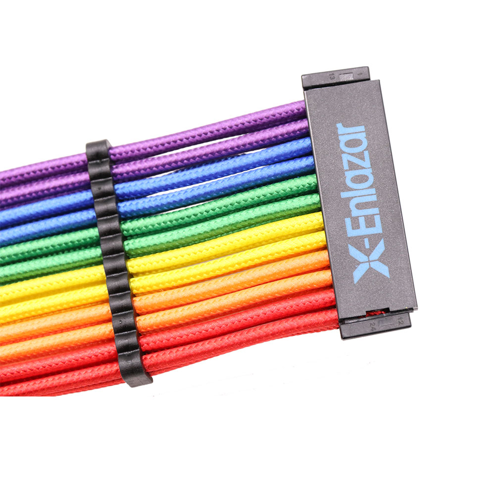 24pin 90 Degree Sleeved Braided ATX Computer Extension Kable Female to Male Extension Cable 18AWG Power Supply Cables Rainbow