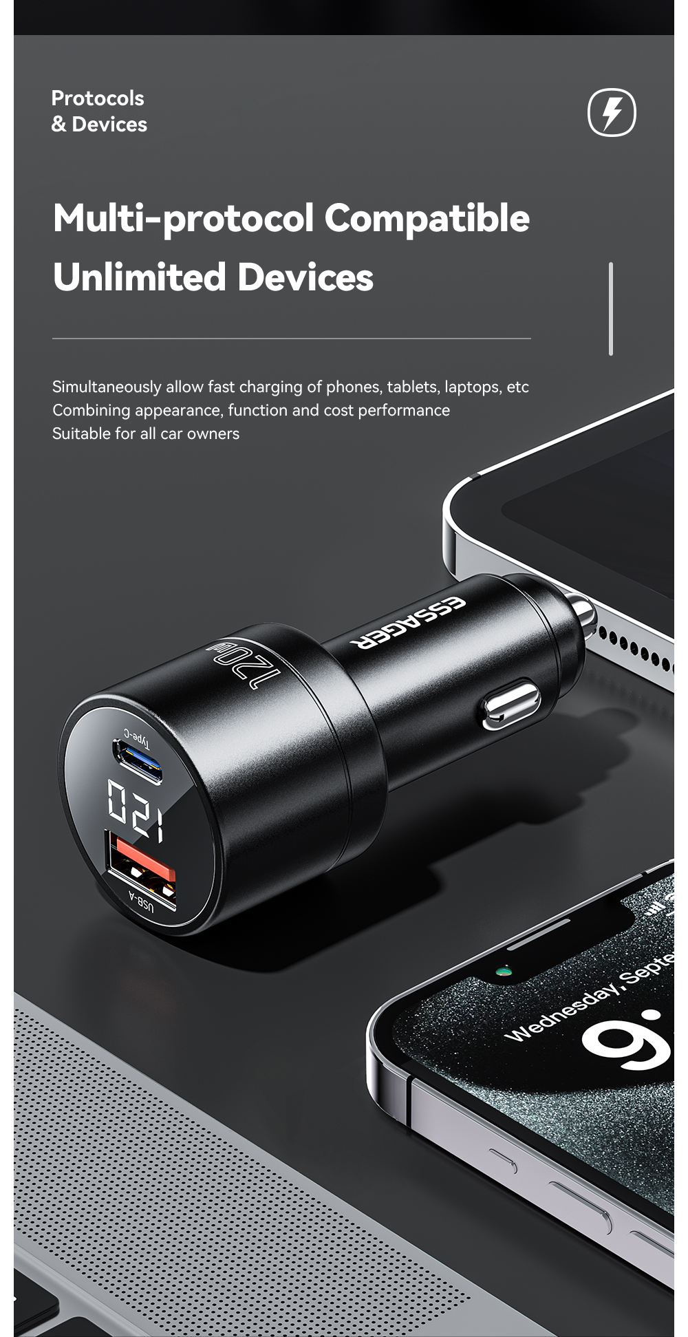 ESSAGER FSJ-009 Series 120W Cell Phone Quick Car Charger Outlet