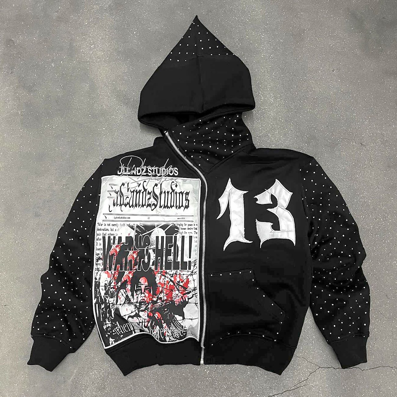 Men'S Cotton French Terry Hoodie Cropped Zip With Acid Wash Embroidery Applique Patch