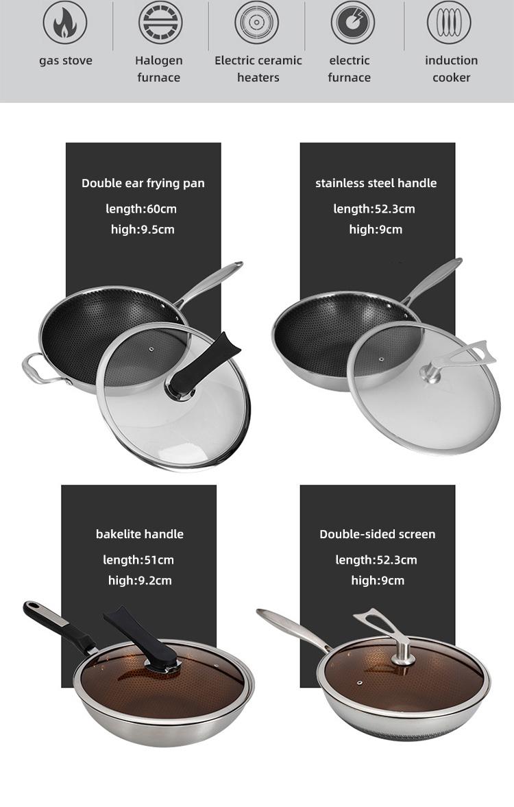 Factory Wholesale PFOA Free Non Stick Works 18/8 Stainless Steel Wok Pan with Glass Cover