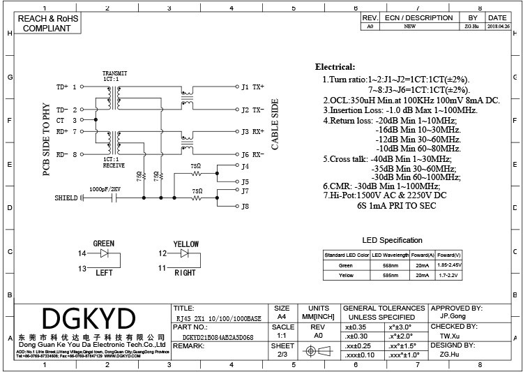 DGKYD21B084AB2A5D068 2X1 Multi-Port 100M Connector 10P8C RJ45 Modular Jack Ethernet Filter